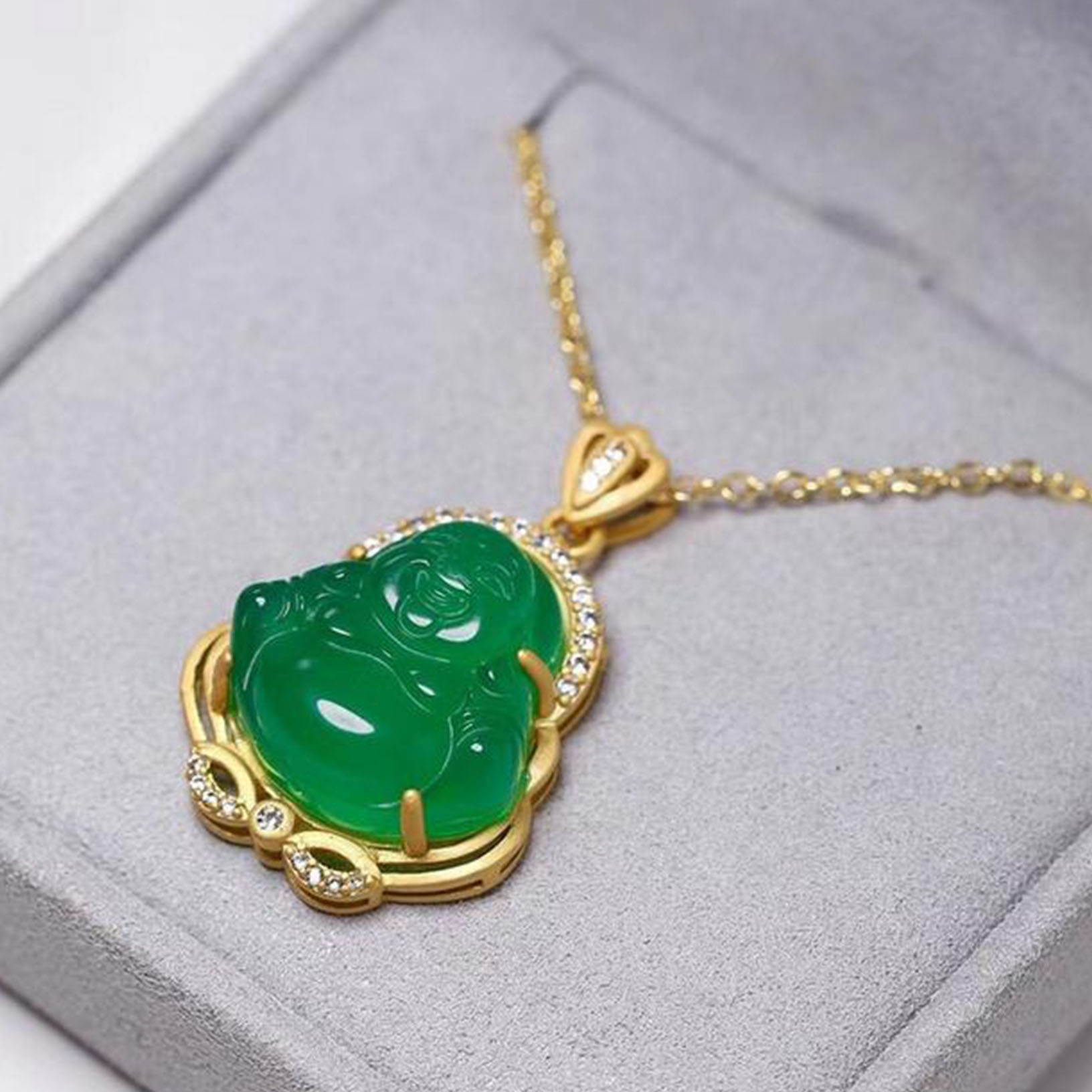 Beautiful Dark Green Jade Buddha Pendant Necklace 14k Gold Plated Chinese Jade