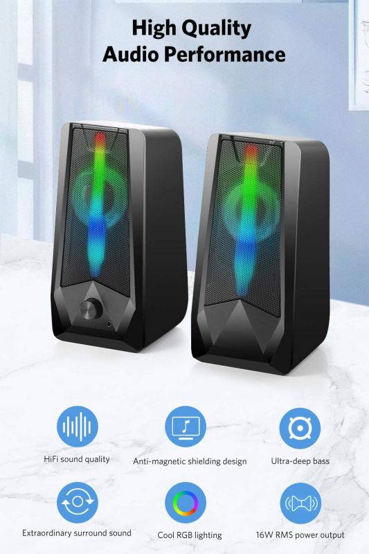 PC Gaming Speakers 16W 2.0 Deep Bass USB Wired RGB Computer Speaker with Enhanced Stereo Colorful LED Light, Dual-Channel Desktop Speakers for Tablet Computer Laptop Smartphones MP4 MP3 (8Wx2)