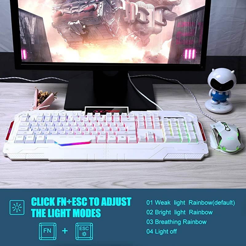 Gaming Keyboard and mouse Combo, GK806 LED Rainbow Backlit USB Keyboard and Mouse Set, G7 Gaming Mouse and Keyboard 104 Key Computer Gaming Keyboard with Wrist Rest-White