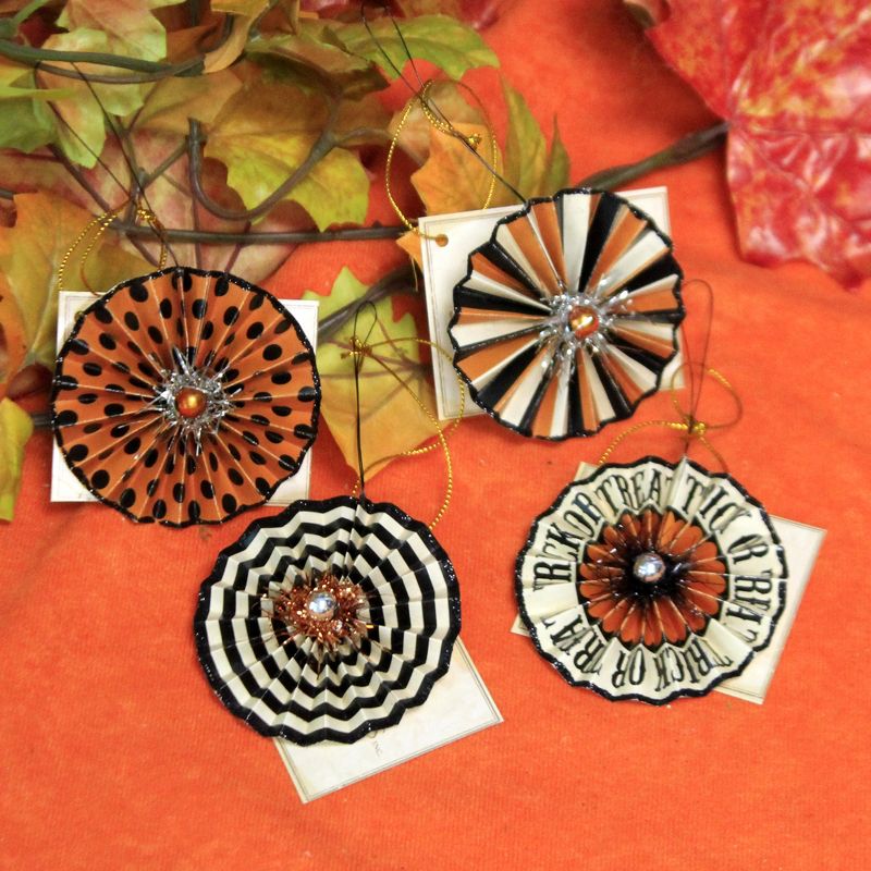 Halloween 2.5" Trick Or Treat Rosette Set / 4 Ornament Feather Tree Halloween  -  Tree Ornaments