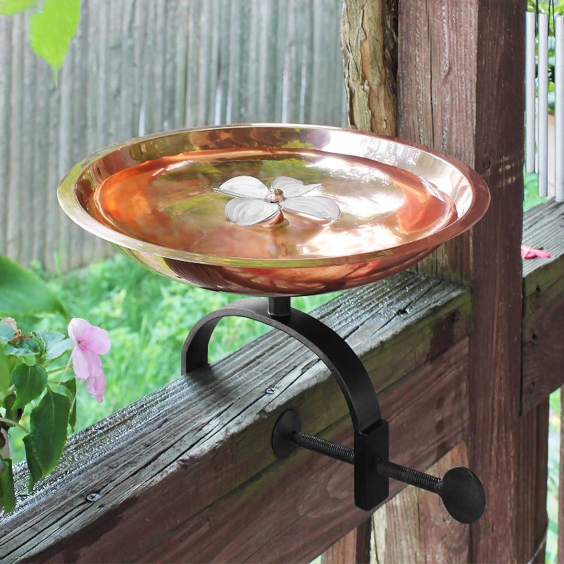 7.5" Dogwood Garden Birdbath with Over Rail Bracket Copper Plated and Colored Patina Finish - ACHLA Designs