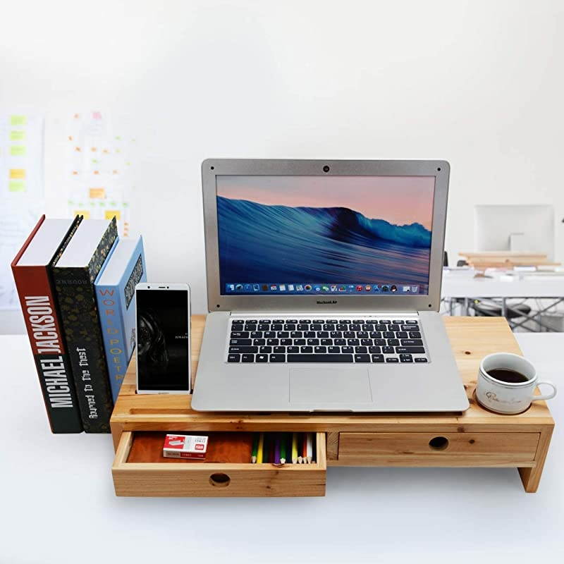 Monitor Stand Desk Organizer &ndash; Assembled Green Wood Screen Laptop Printer Riser with Drawers 22.05L 10.60W 4.70H Inch