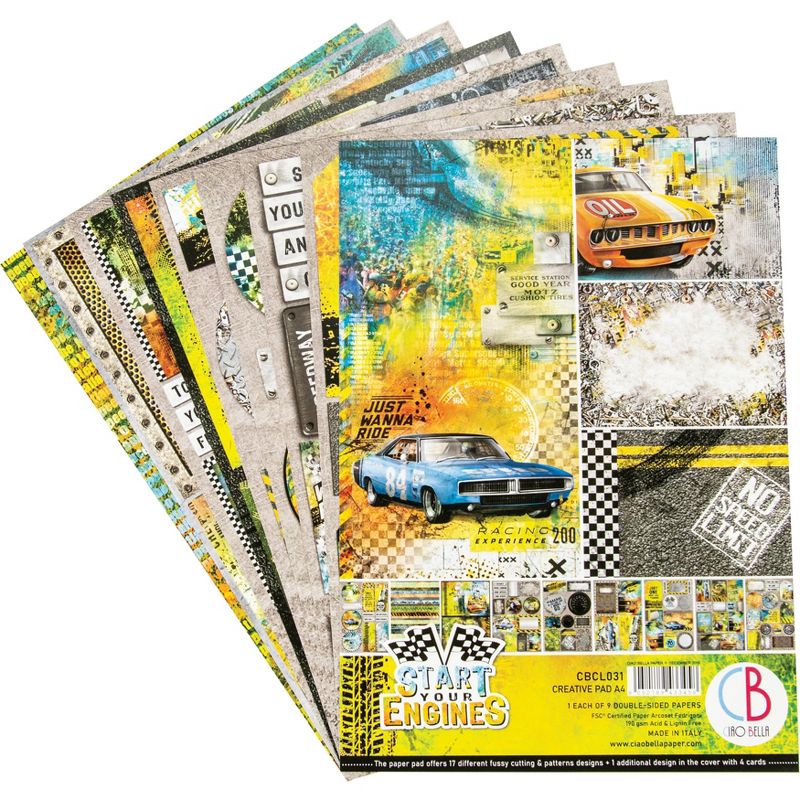 Ciao Bella Double-Sided Creative Pack 90lb A4 9/Pkg-Start Your Engines, 9 Designs/1 Each