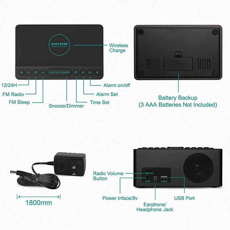 Wooden Alarm Clock with FM Radio 10W Super Fast Wireless Charger Station for iPhoneSamsung 5 Level Dimmer USB Charging Port Sleep Timer Digital LED Clock for Bedroom