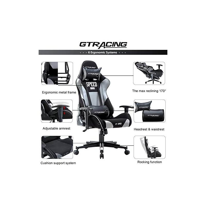 Gaming Chair Fabric and Pu Computer Racing Office Chair High Back Backrest and Height Adjustable E-Sports Ergonomic Chair with Pillows Gray