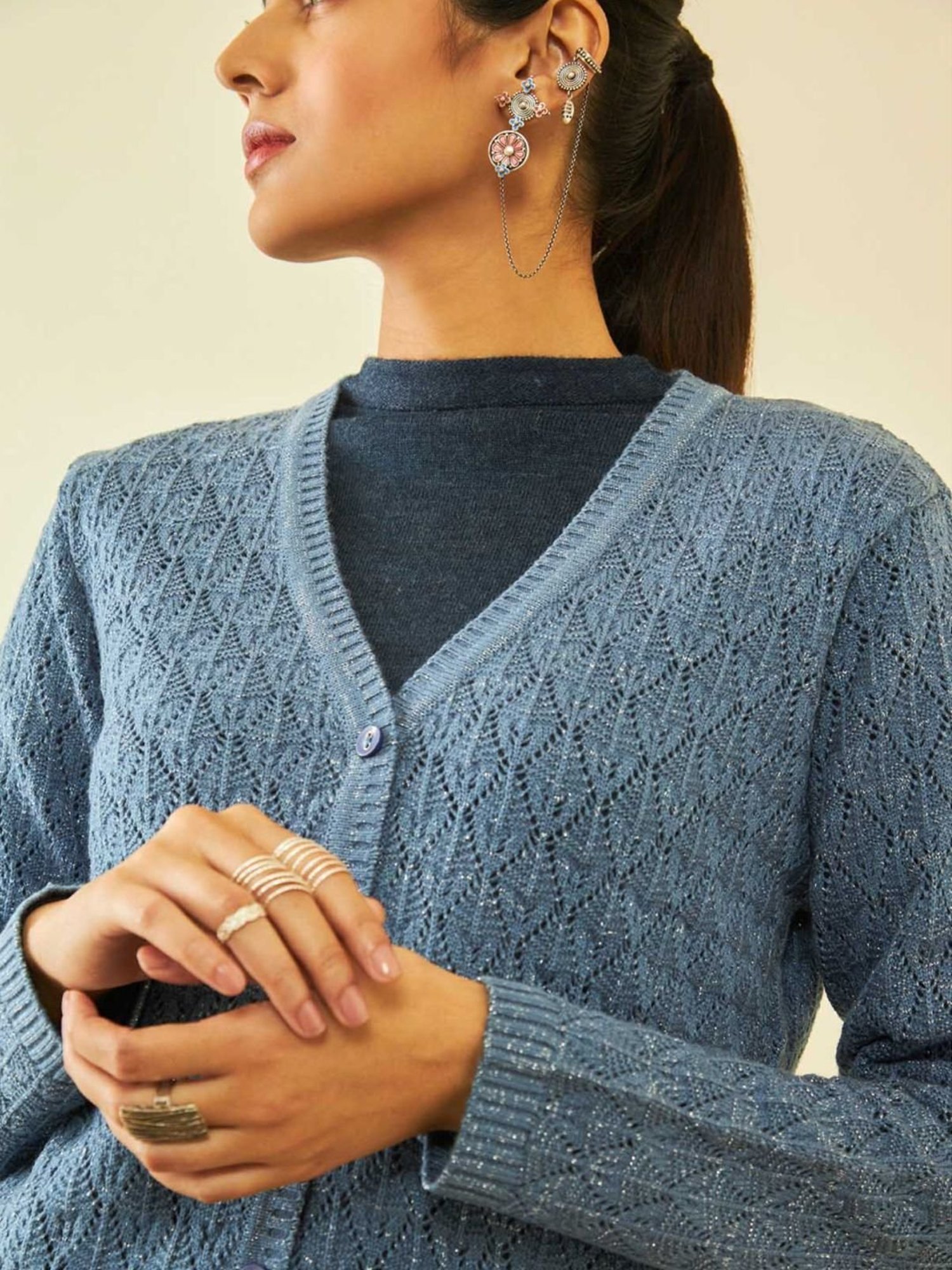 Soch Blue Acrylic Patterned Knit V-Neck Cardigan with Ribbed Hems