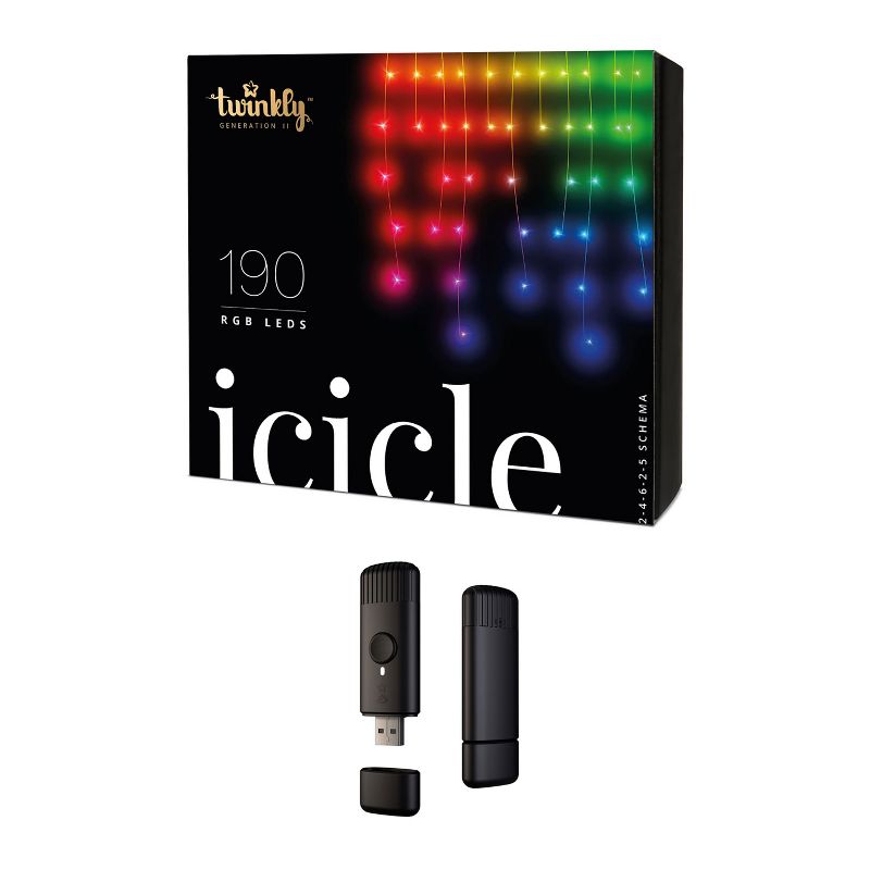 Twinkly 11.5 Feet 190 LED RGB Multicolor Bluetooth Enabled Decorative Icicle String Lights Bundle with USB-Powered Light Effects Music Player Dongle