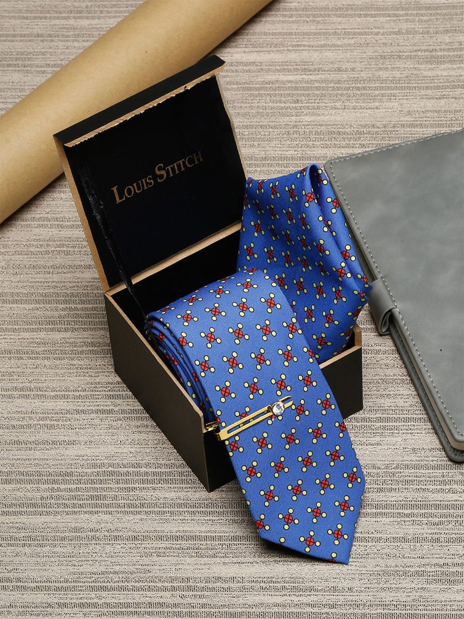 Louis Stitch Blue Printed Necktie Gift Set - Set of 3