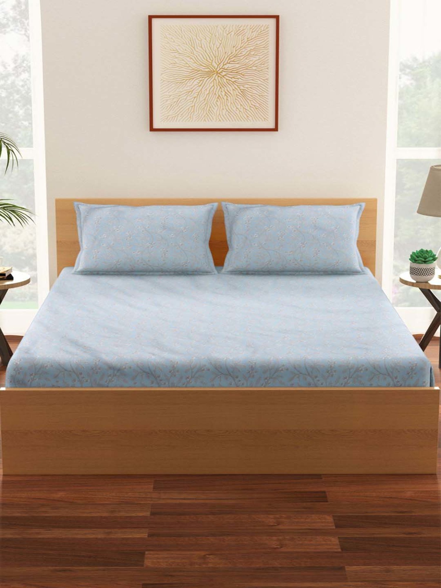 Living Scapes by Pantaloons Blue Blend Bedsheet With 2 Pillow Covers