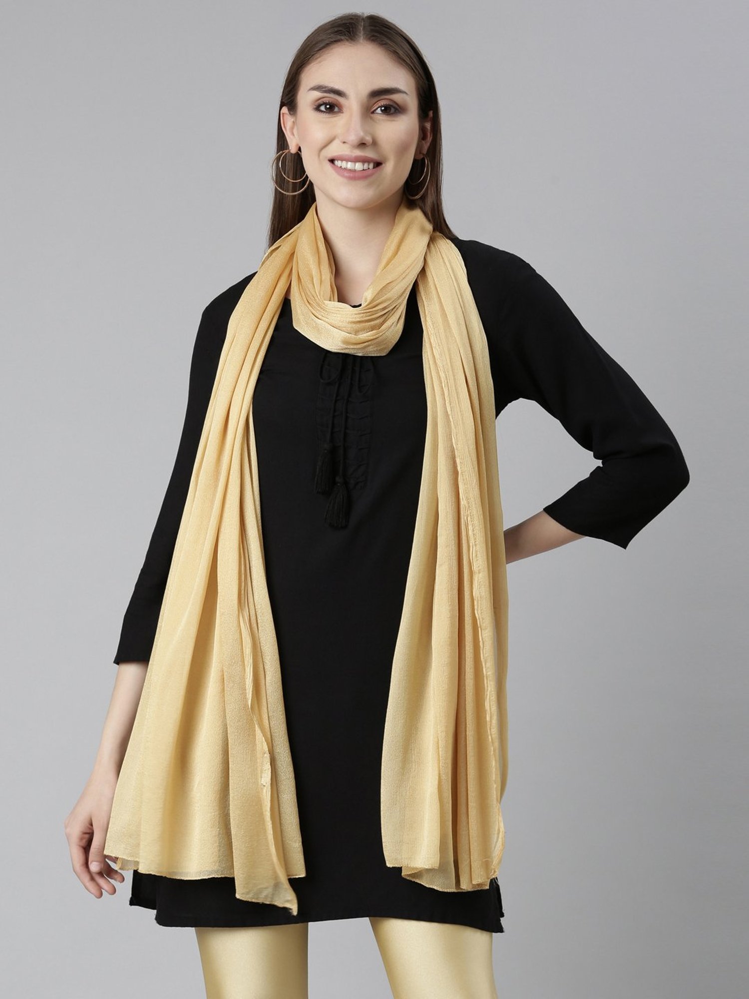 TWIN BIRDS Golden & Black Plain Dupatta - Pack Of 2