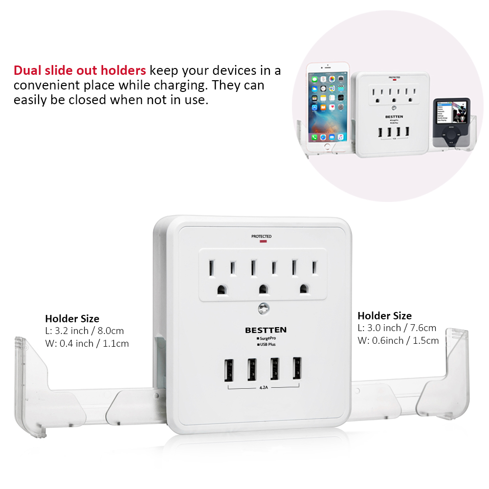 BESTTEN Multi Outlet Wall Mount Tap Adapter Surge Protector with 4 USB Charging Ports, 3 Electrical Outlet Extenders and 2 Slide Out Phone Holders, 15A/125V/1875W, White
