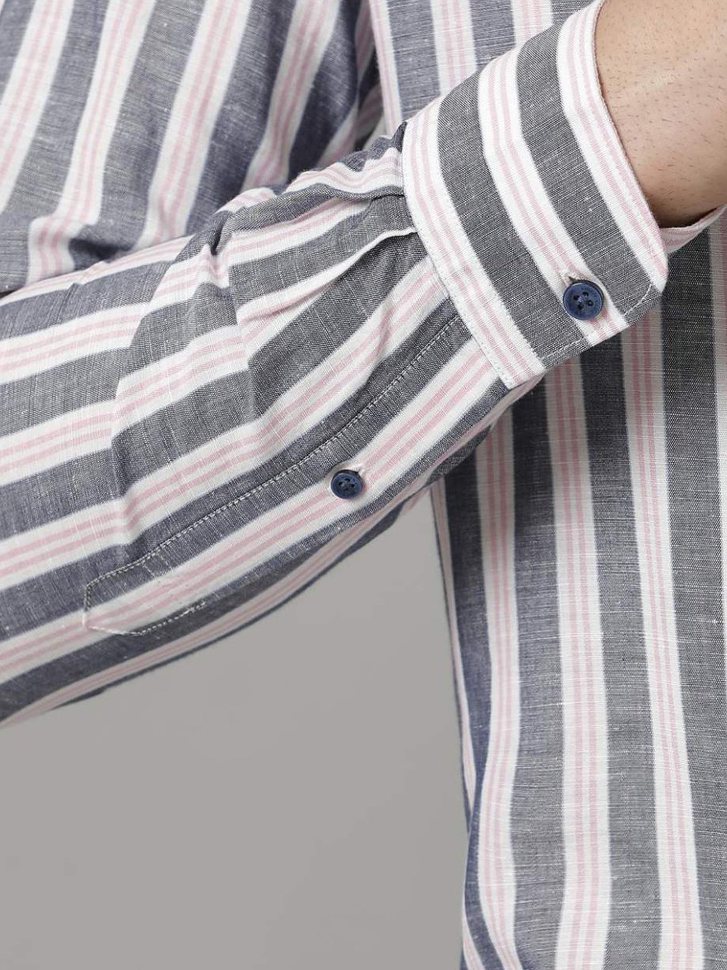 Linen Club Grey Linen Contemporary Fit Striped Shirt