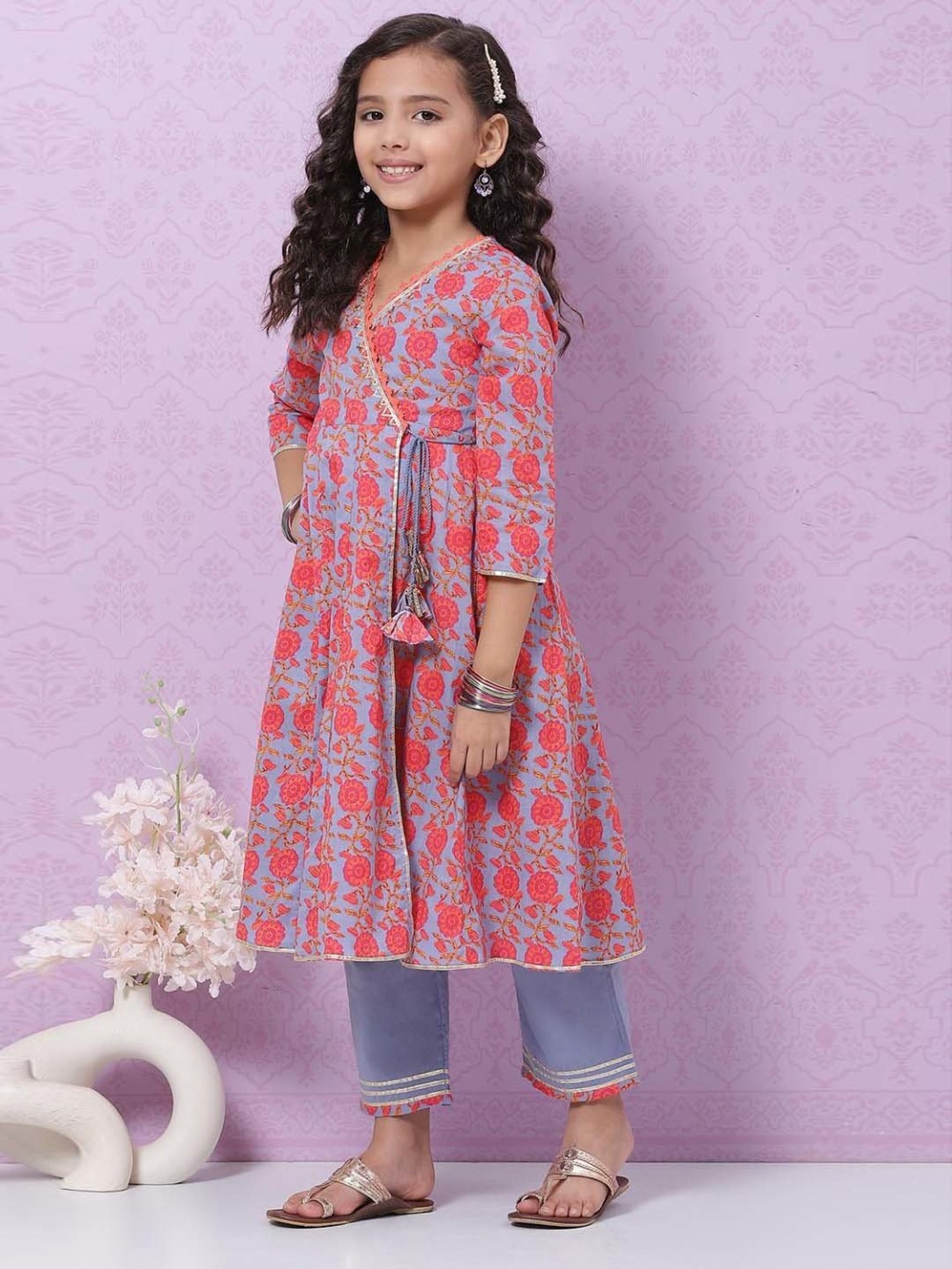 Biba Kids Blue & Red Cotton Floral Print Kurta Set
