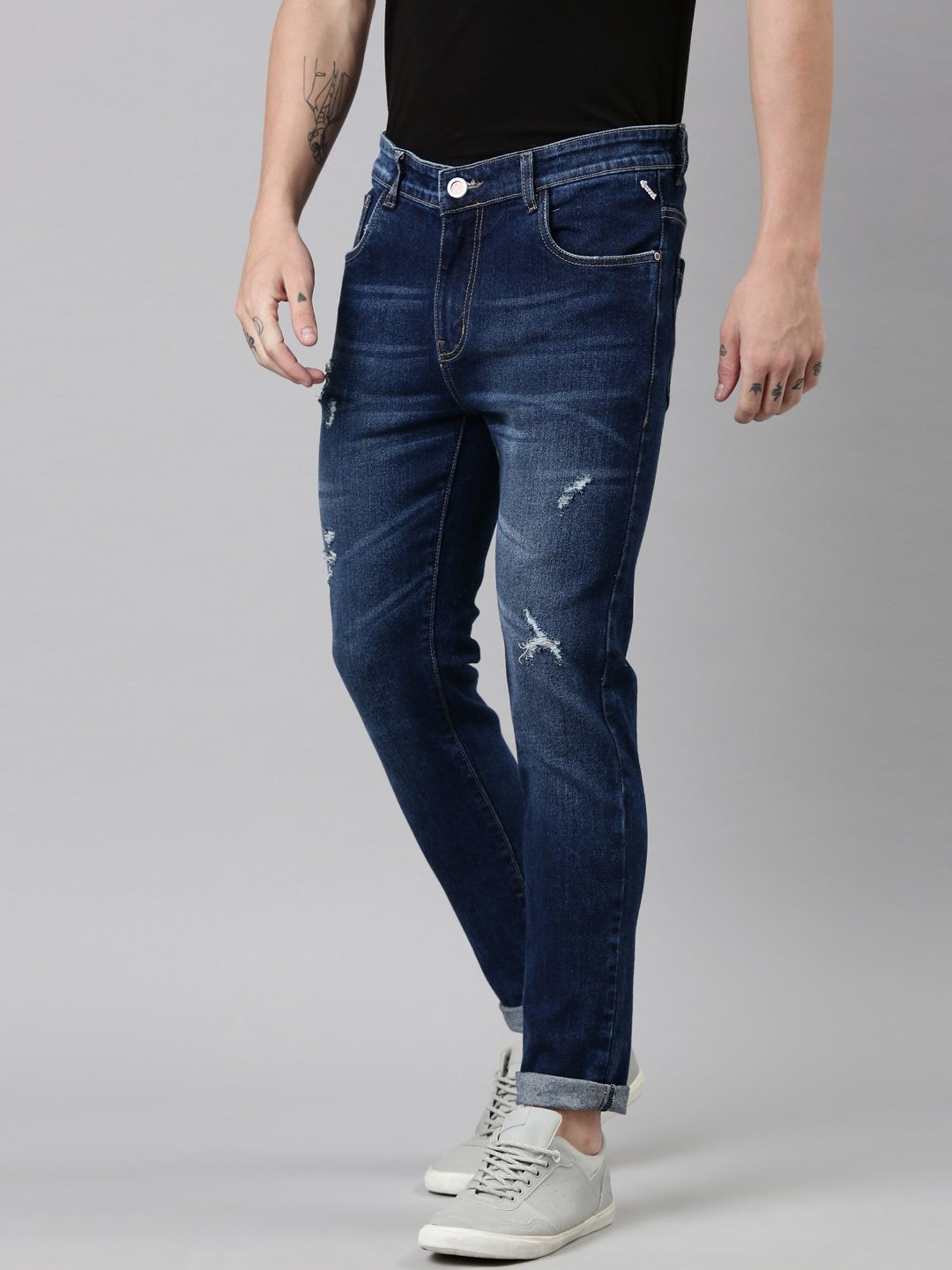 CINOCCI Blue Cotton Slim Fit Distressed Jeans