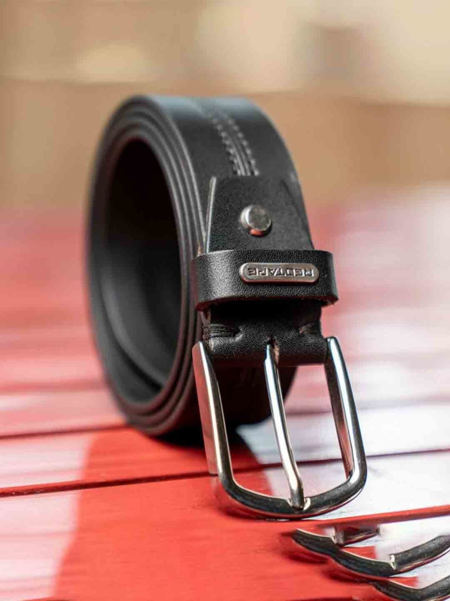 Red Tape Black Leather Waist Belt for Men