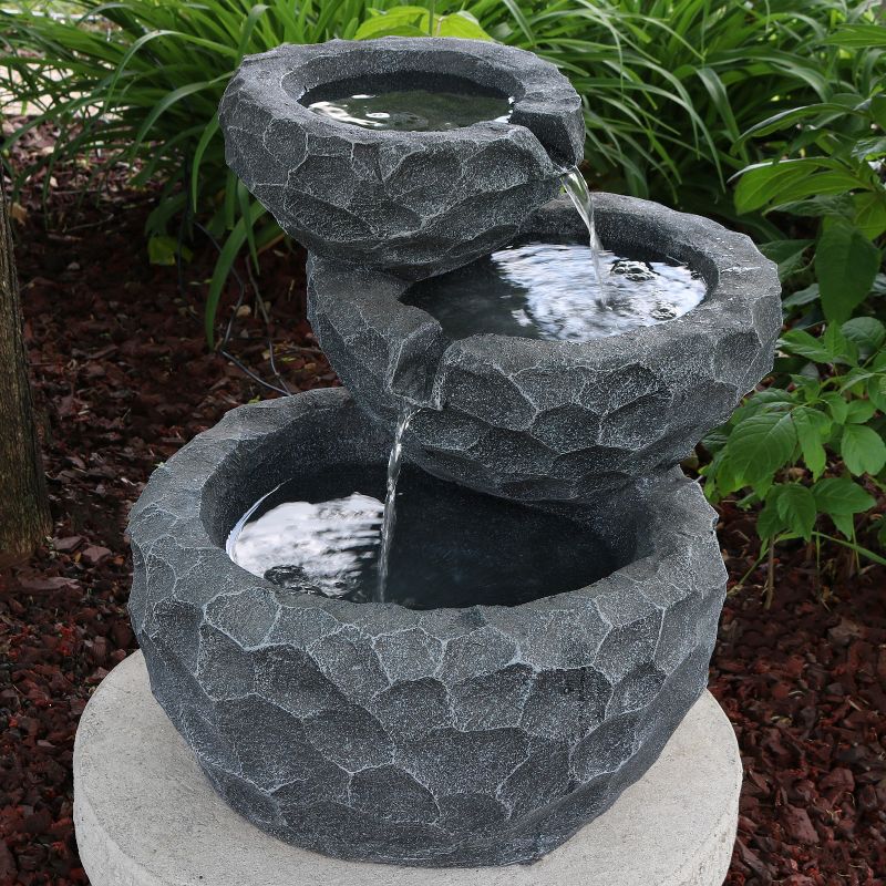 Sunnydaze Outdoor 3-Tier Chiseled Basin Solar Powered Water Fountain with Battery Backup and Submersible Pump - 22"