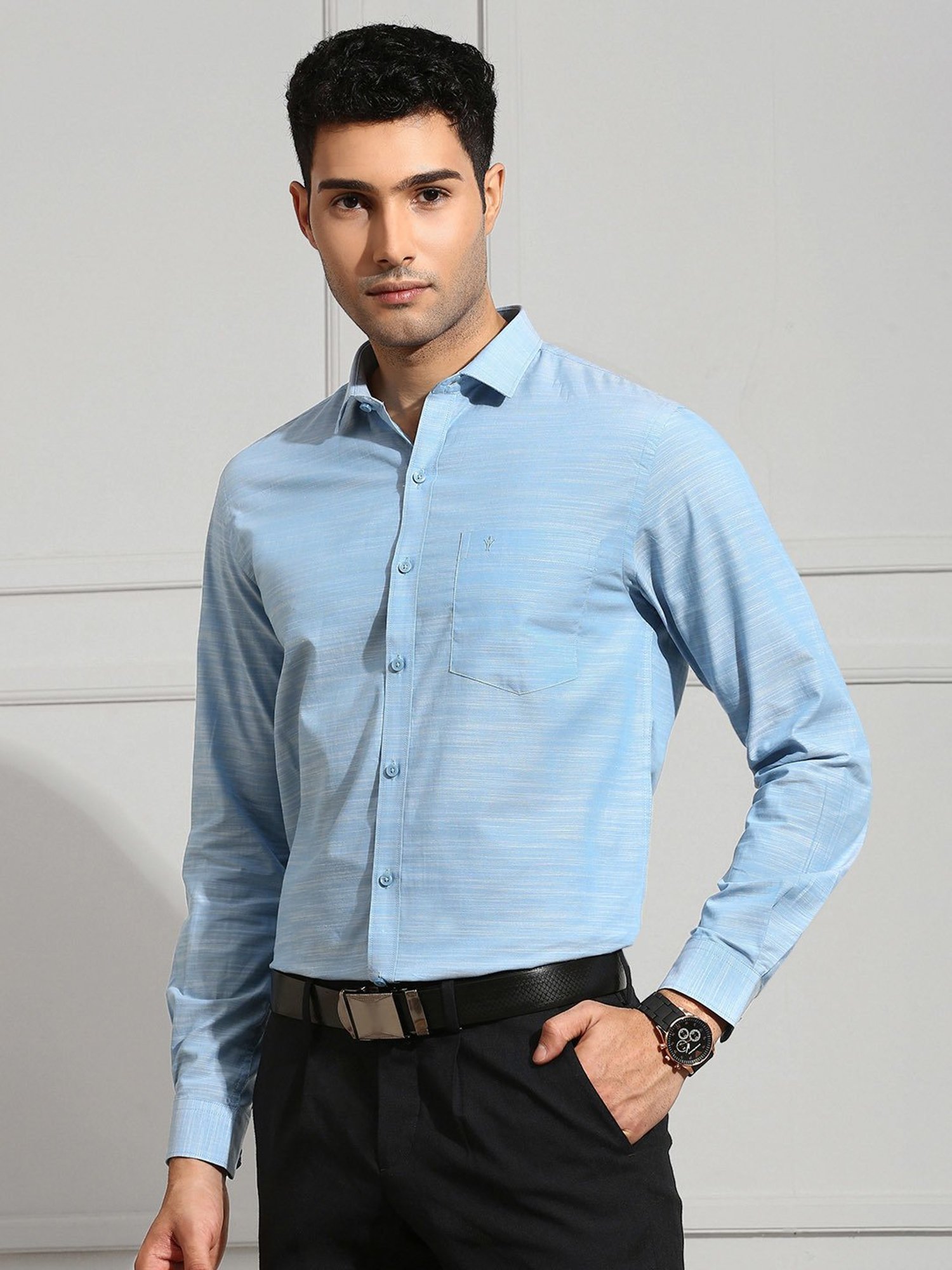Ramraj Blue Regular Fit Textured Cotton Shirt