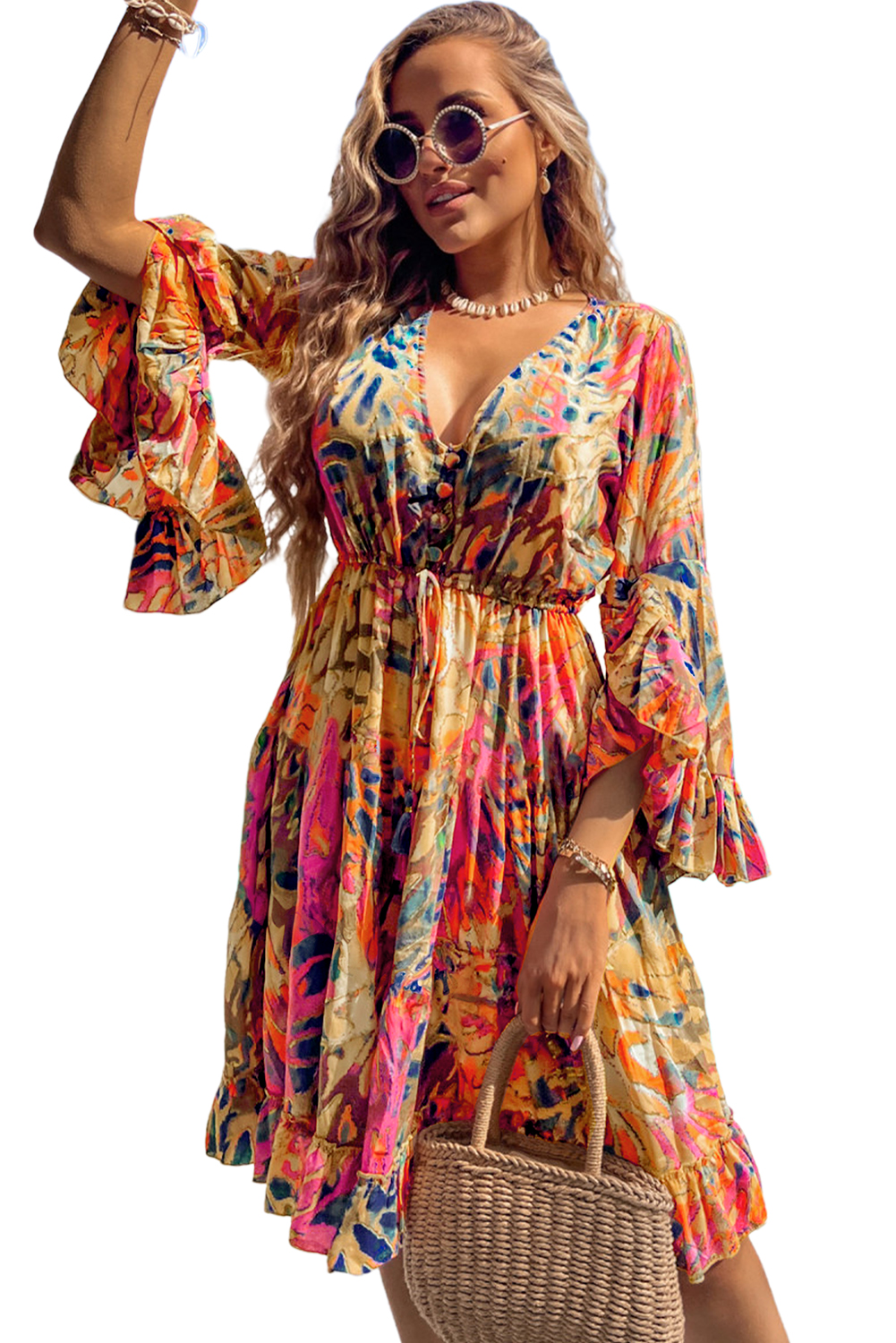 Multicolour Floral Print Split Neck Midi Dress