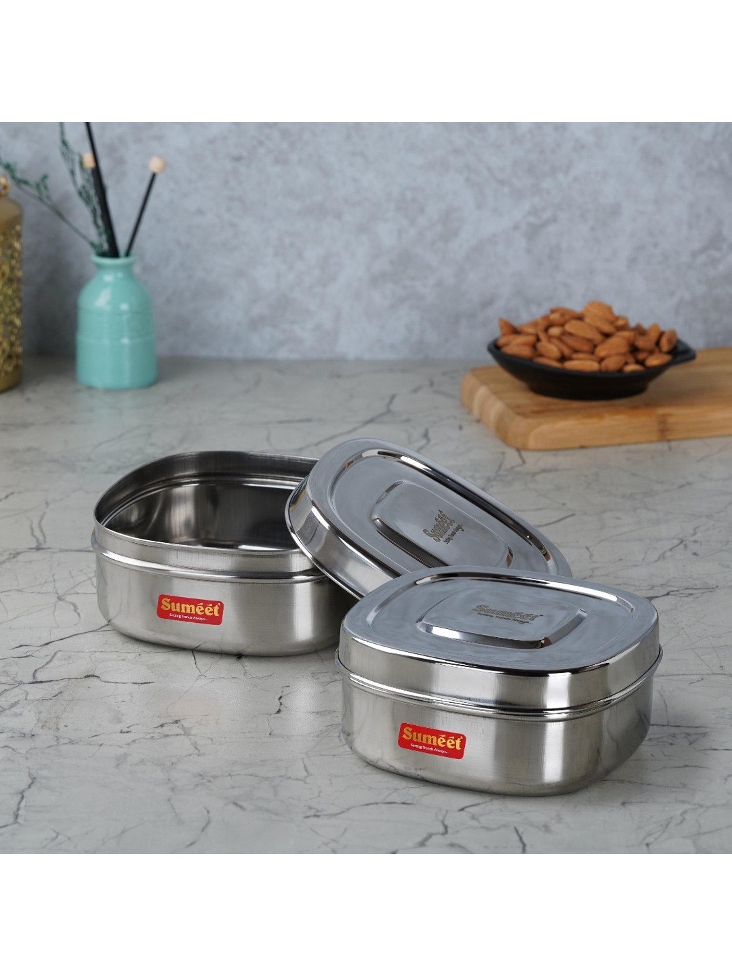 Sumeet S.S. Square Storage containers box/Dabba for Kitchen, Set of 2Pcs, 1000ml, 14cm Dia, Silver