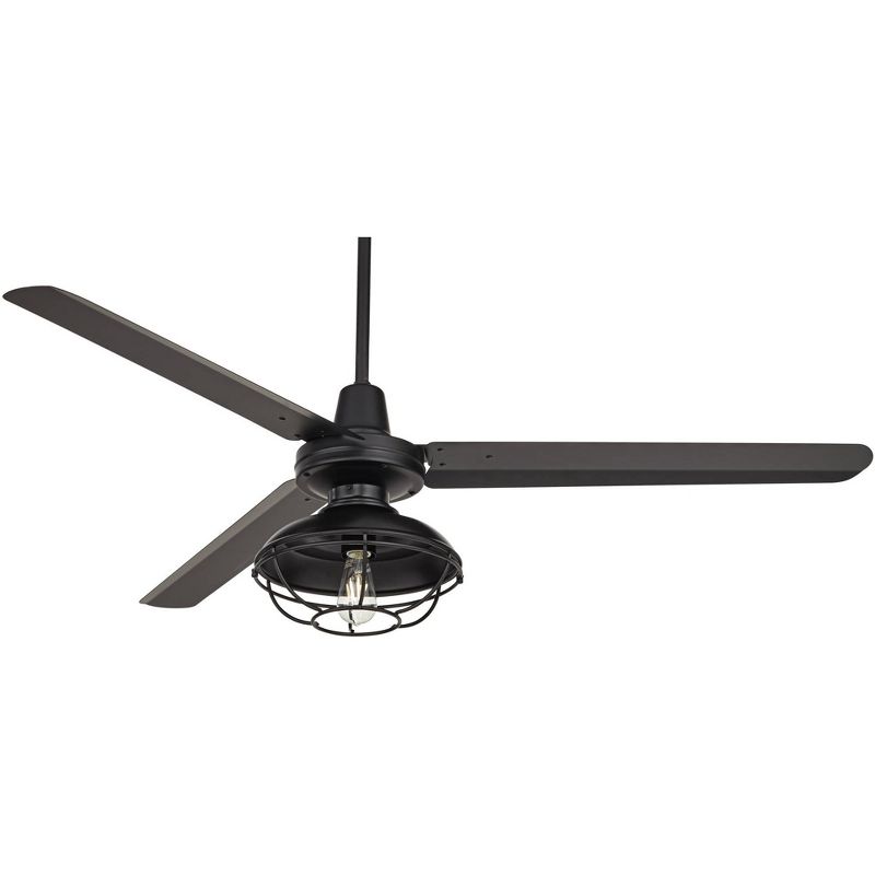 60" Casa Vieja Industrial 3 Blade Outdoor Ceiling Fan with Light Kit LED Remote Matte Black Franklin Park Caged Damp Patio Porch
