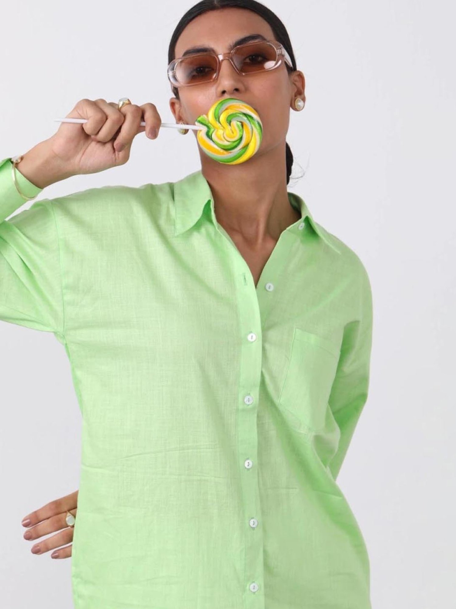 Qua Lime Green Oversized Cotton Shirt