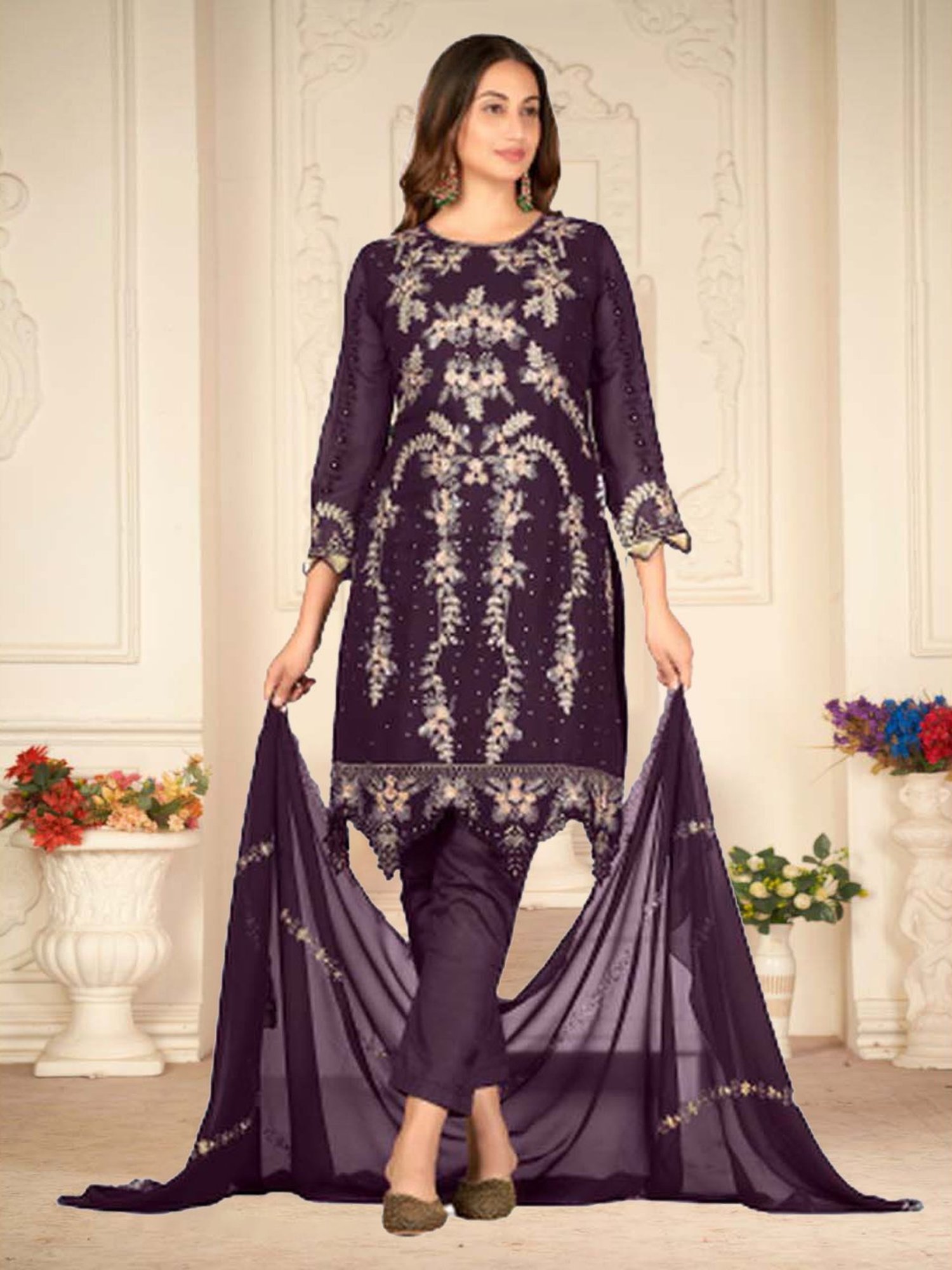 Warthy Ent Purple Embroidered Semi Stitched Dress Material