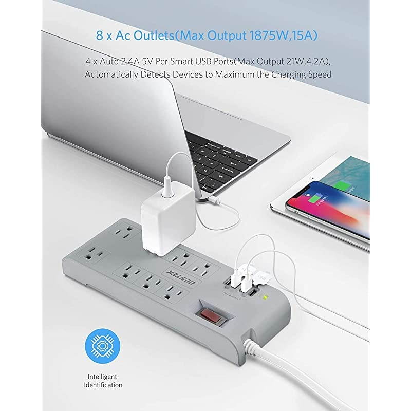 8Outlet 6 Ft Extension Cord Power Strip with USB 15A 1875W Surge Protector with 5V 42A 4 USB Charging Port Desktop Charging Station600JouleUltraCompact Wide Spaced Outlet for Large Adapter