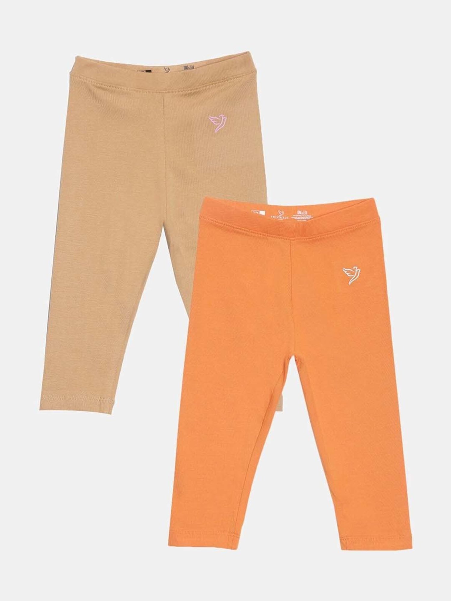 TWIN BIRDS Kids Beige & Orange Cotton Regular Fit Leggings (Pack of 2)