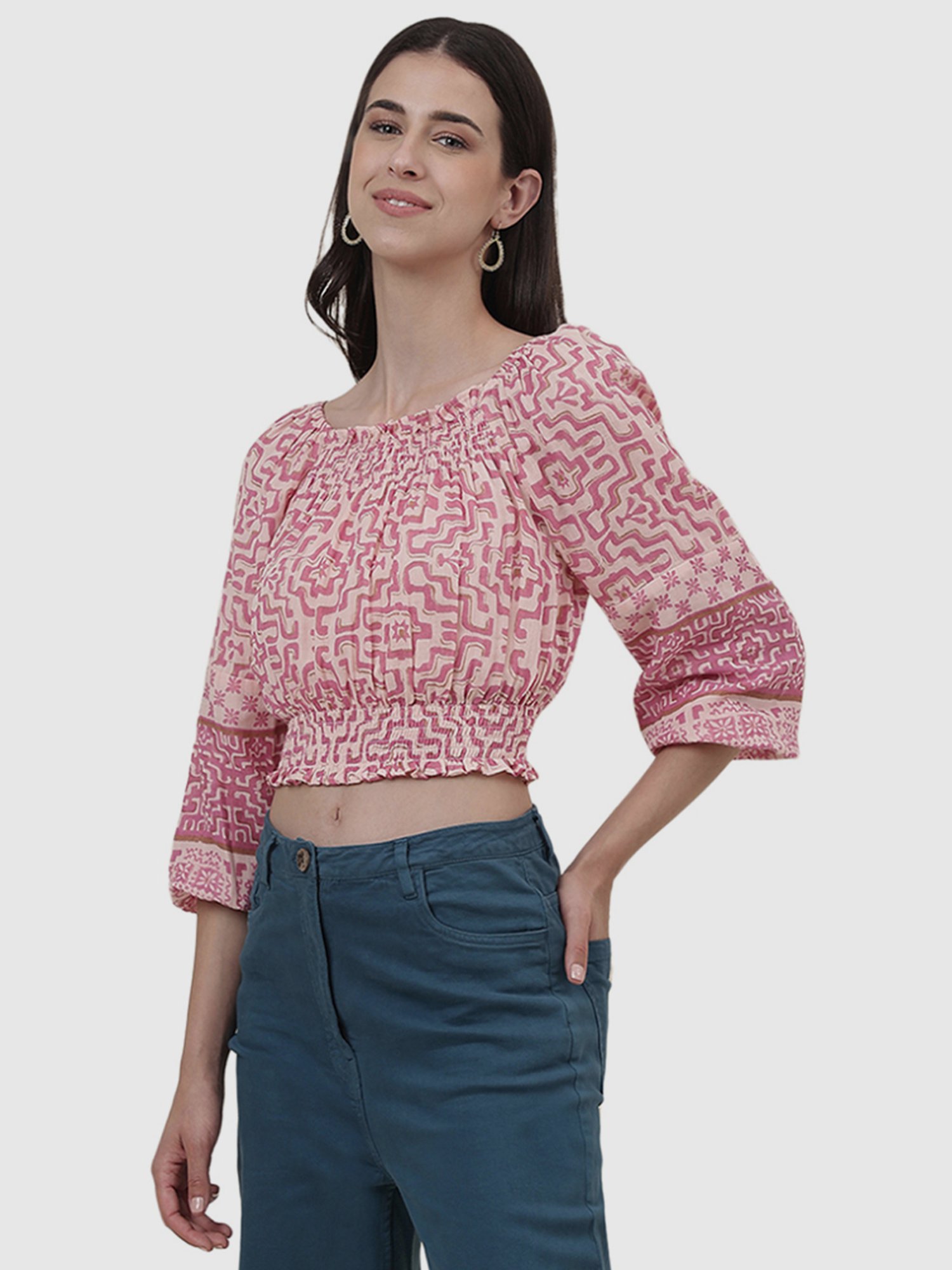 Fabindia Pink Cotton Printed Crop Top