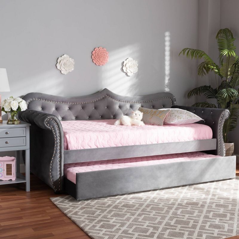 Twin Abbie Velvet Crystal Tufted Daybed with Trundle Gray - Baxton Studio
