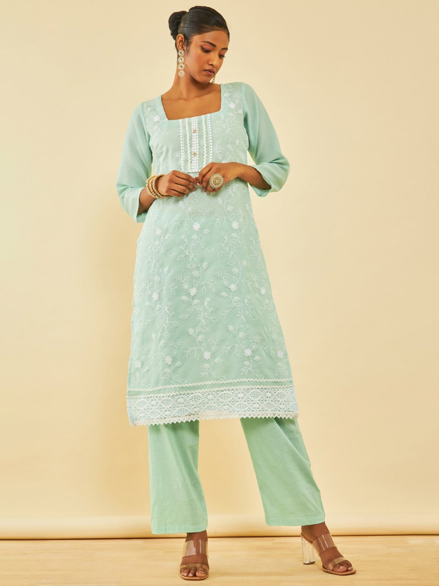 Soch Sap Green Kota Embroidered Unstitch Dress Material With Lace Details