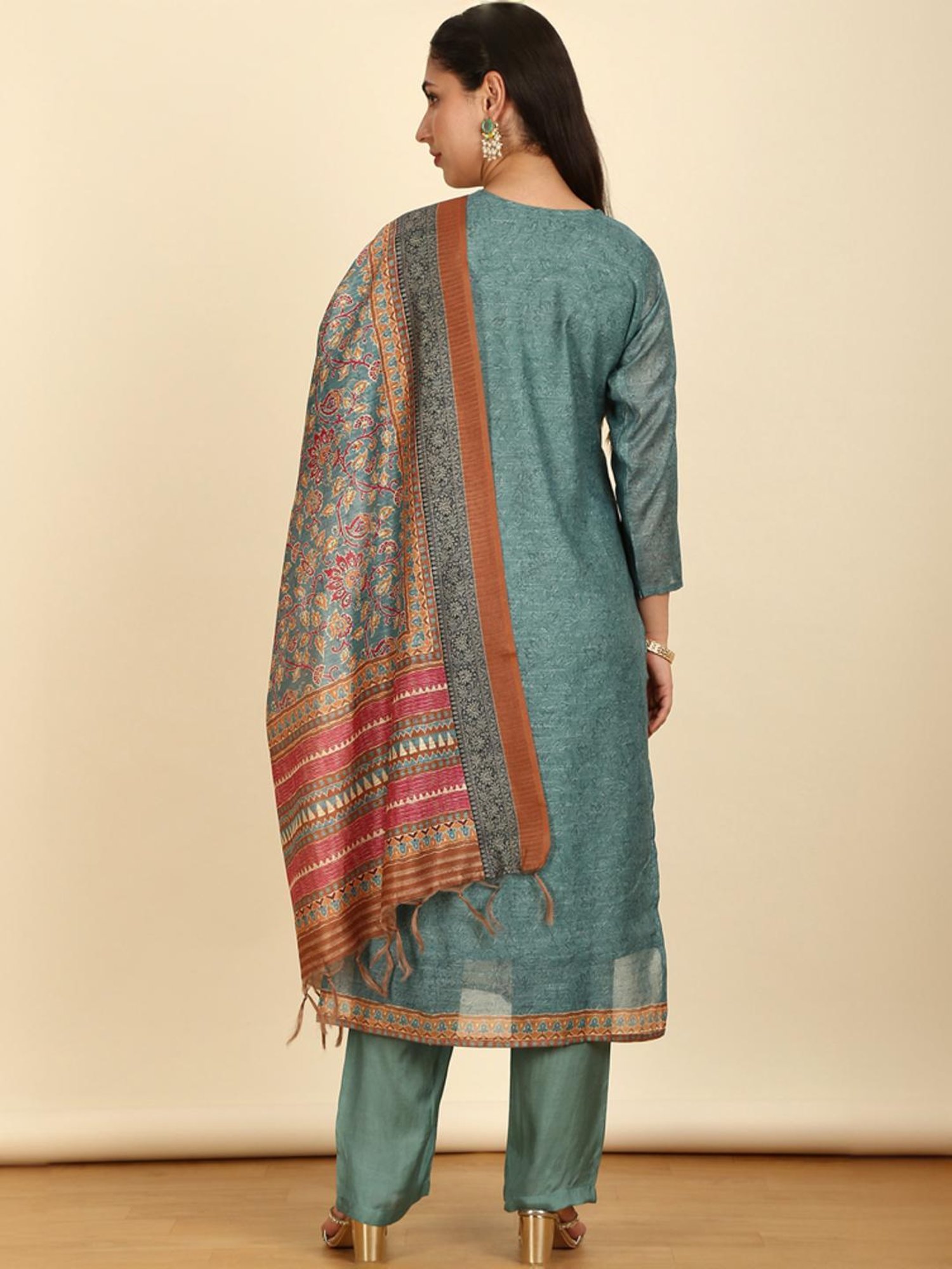 Soch Womens Turquoise Blue Floral Print Chanderi Unstitch Dress Material With Cutdana