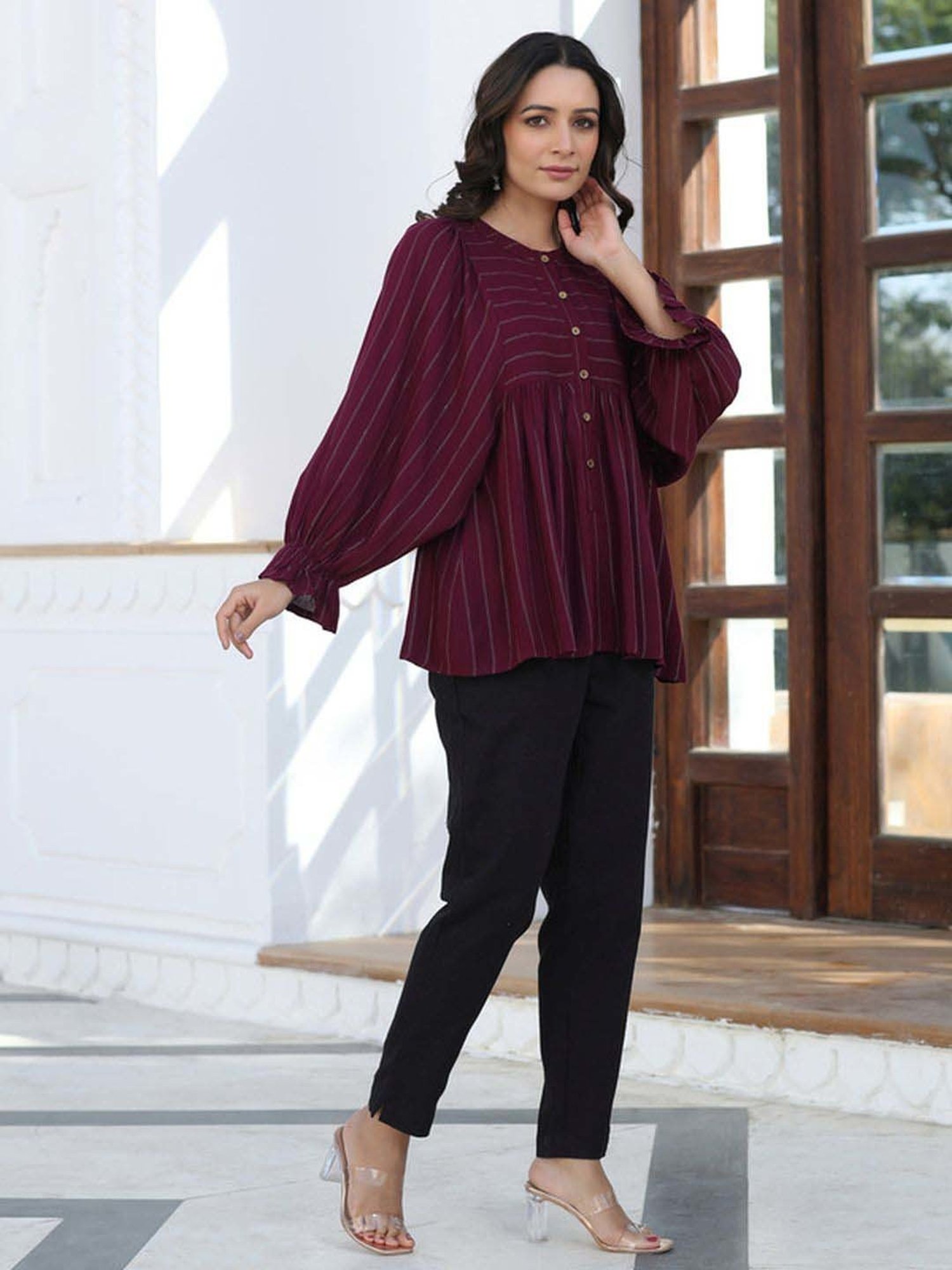 Jaipur Kurti Maroon Striped Tunic