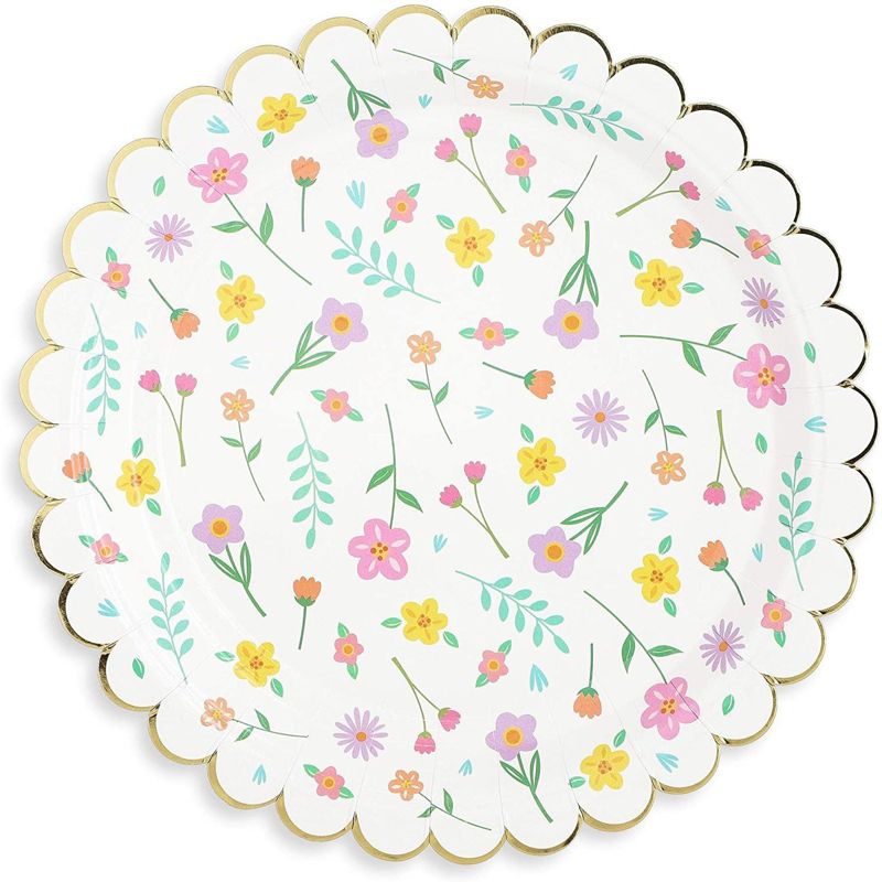 Blue Panda 48 Count Floral Disposable Party Paper Plates with Scalloped Gold Foil for Birthday Party 7 In