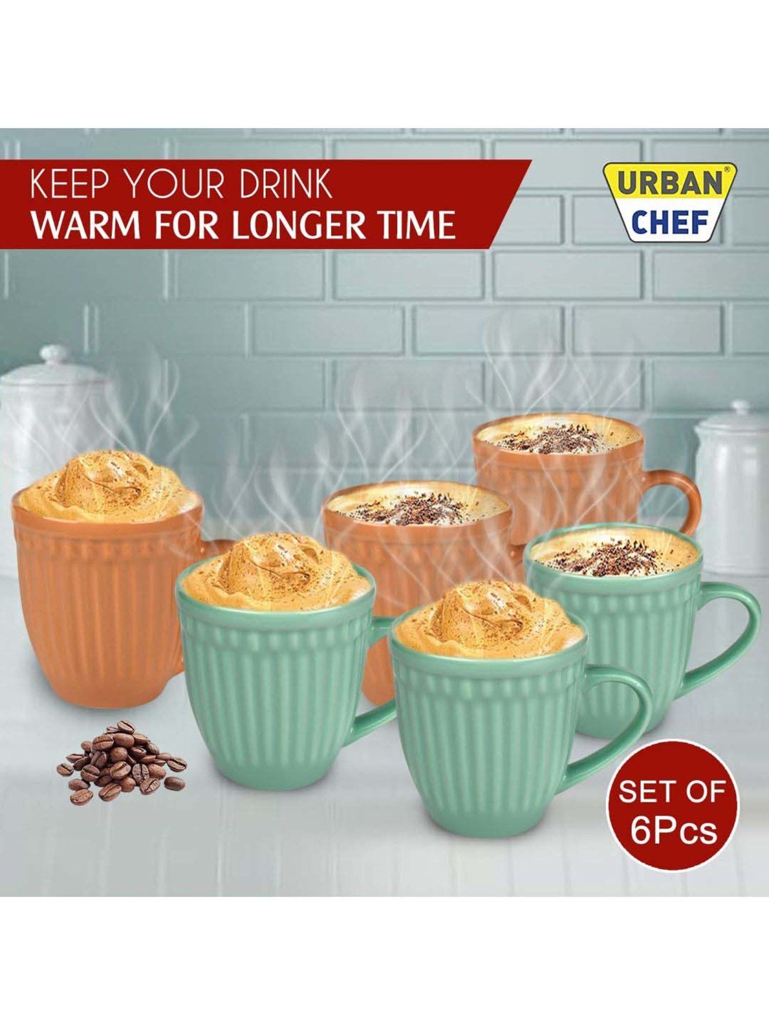 Urban Chef Brown & Green Ceramic Handcrafted Microwave Safe Tea Cup - Set of 6