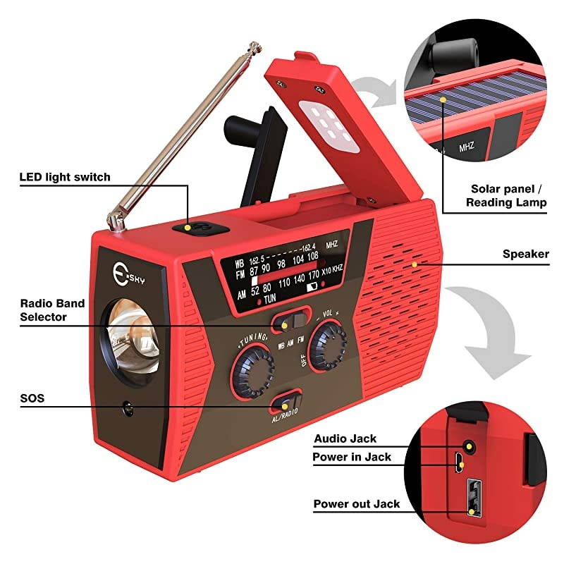 2020 Upgraded Version  Emergency Solar Hand Crank Radio 2000mAh Power Bank NOAA Weather Radio for Emergency with AMFM LED Flashlight Reading LampSOS Alarm