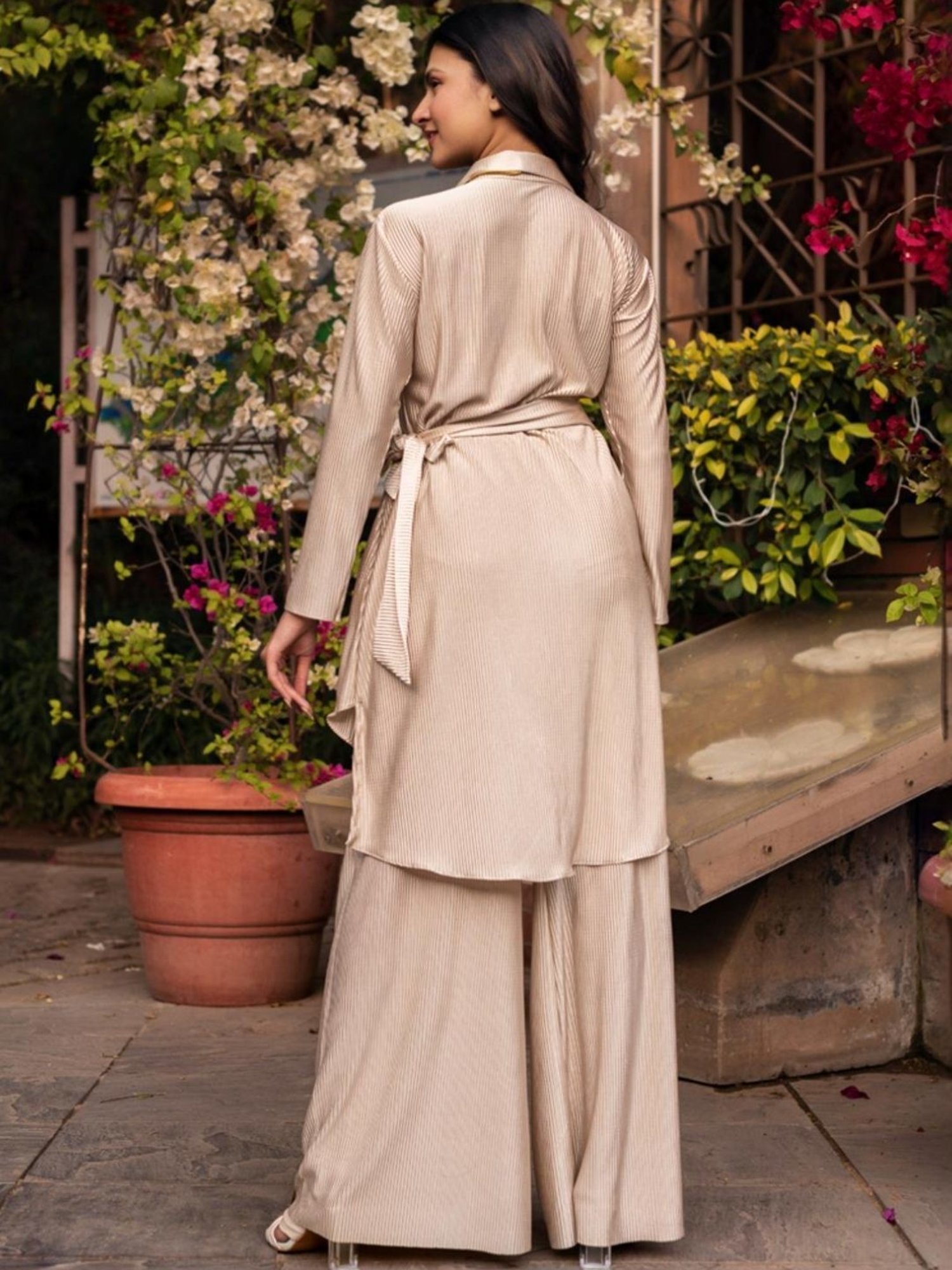 Calmna Metallic Golden Pleated Silk Tunic with Pant Co-ord Set