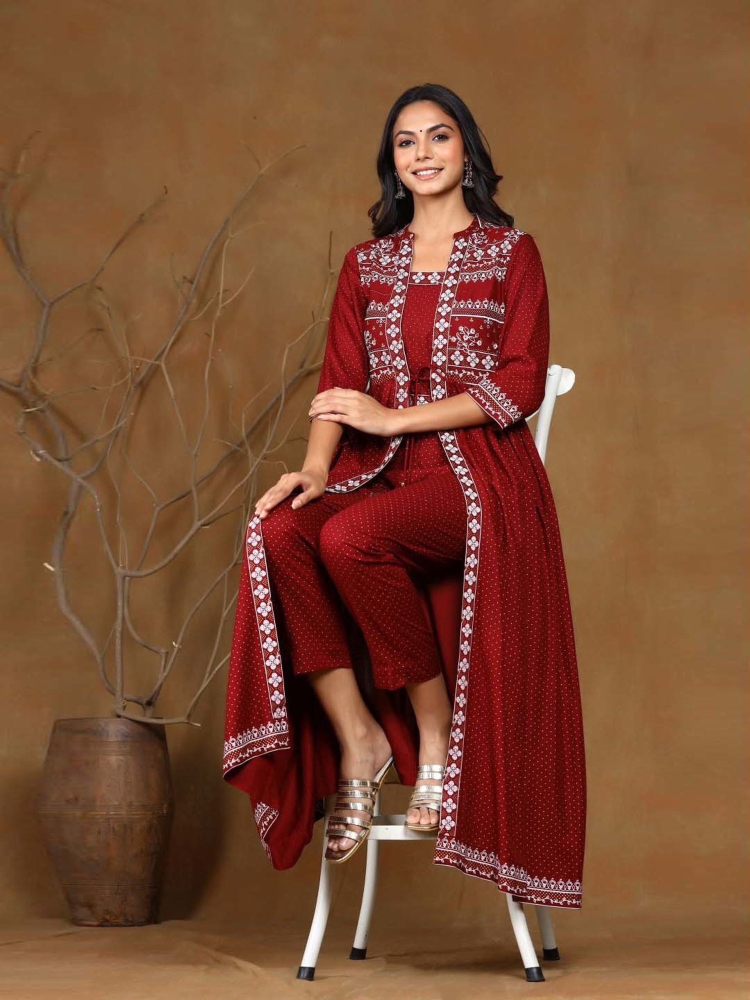 Juniper Maroon Ethnic Motif Printed Rayon Jacket Style Kurta & Pants Set