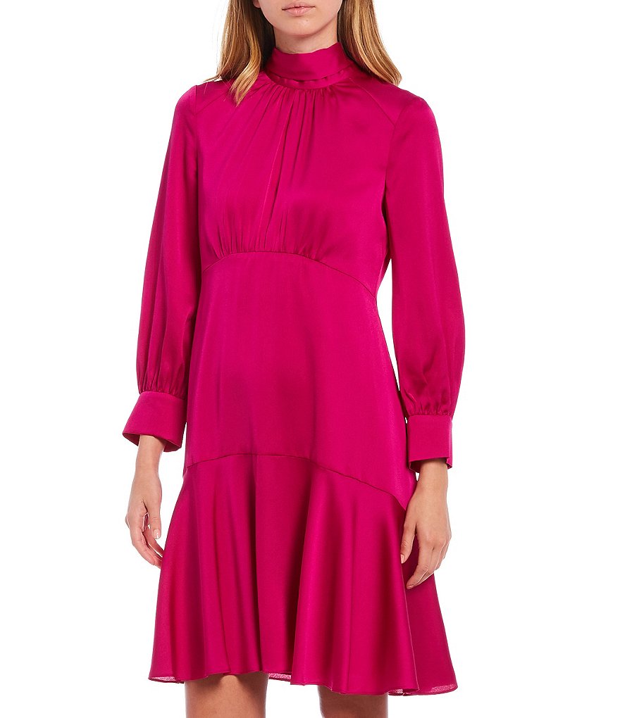 Eliza J Mock Neck Long Sleeve Hammered Satin Flounce Hem Dress