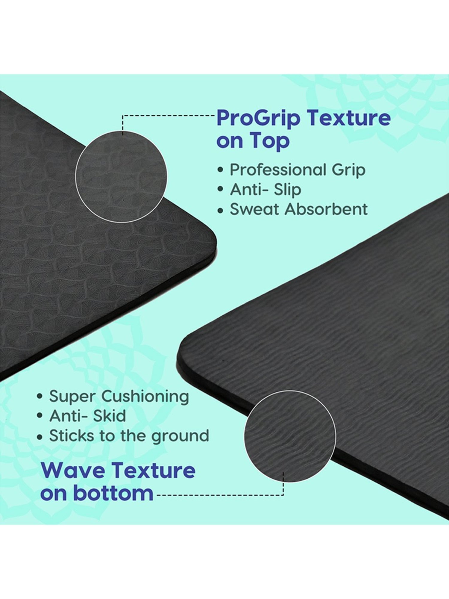 WiseLife TRU Alignment Yoga Mat + Sleek Yoga Strap for Men and Women (Black)