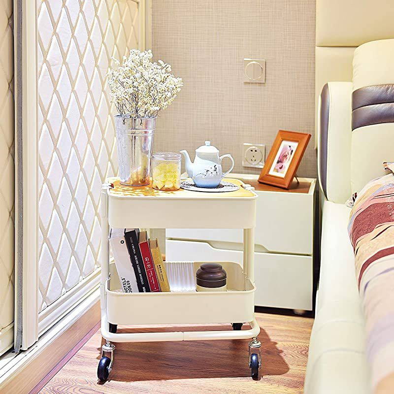 Metal Utility Rolling Cart Storage Side End Table with Cover Board for Office Home Kitchen Organization, Cream White