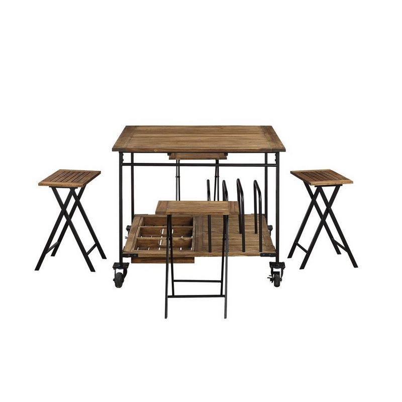 5pc Plank Design Wooden Dining Set with Foldable Stools Brown - Benzara