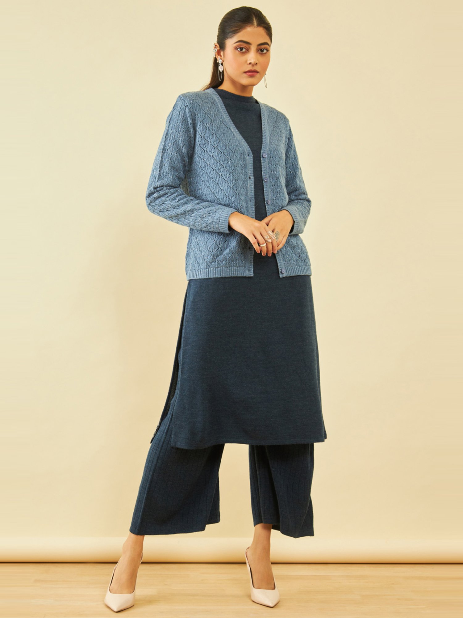 Soch Blue Acrylic Patterned Knit V-Neck Cardigan with Ribbed Hems