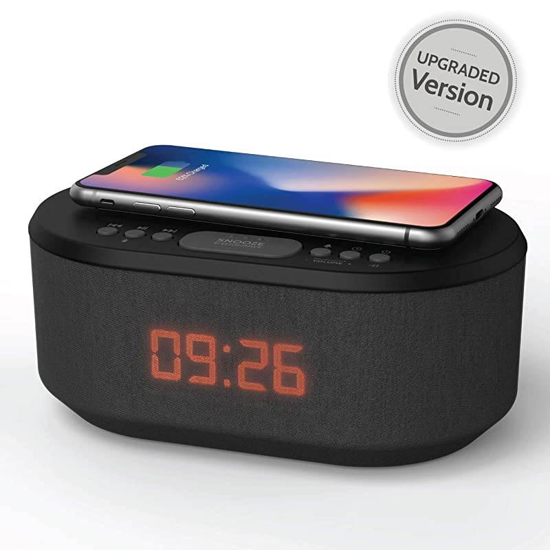Radio Alarm Clock with USB Charger, Bluetooth Speaker, QI Wireless Charging, Dual Alarm Dimmable LED Display