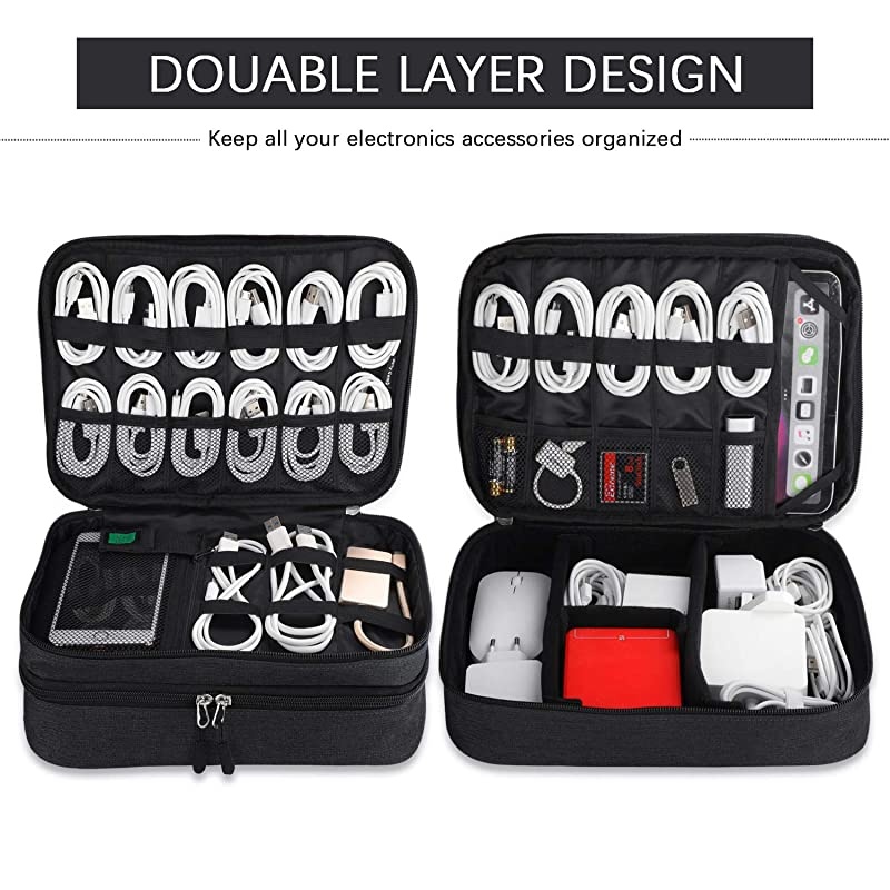 Electronics Organizer  Electronic Accessories Cable Organizer Bag Double Layer Travel Cable Storage Bag for Cables Laptop Charger Tablet Up to 11 and MoreThick LargeAll Black