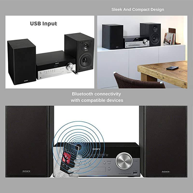 Sony Bluetooth Micro Music System Bundle 2 Piece Set Includes Micro Hifi Shelf System with Single Disc Cd Player Bluetooth USB Input 2Way Bass Reflex Speakers  Bluetooth Receiver