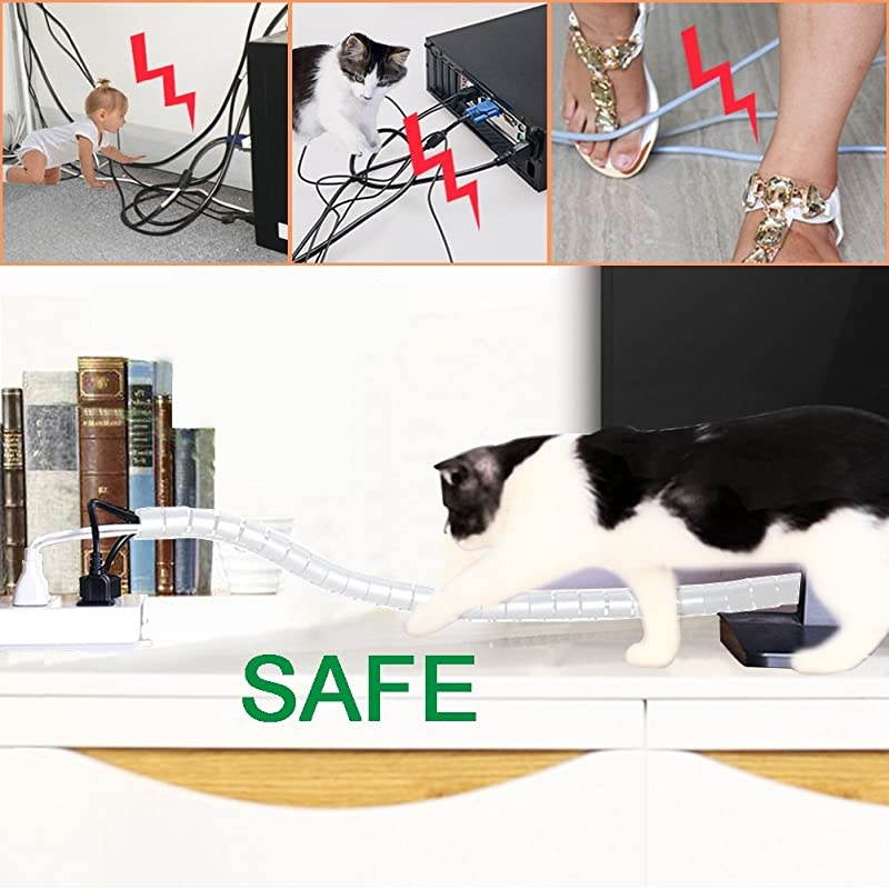 White Cable Wire Cover Cord Management Sleeve Electrical Wire Organizer Holder  Reusable Expandable Desktop Spiral Tube Wire Hider with BONUS Clips For TV Computer Home Entertainment
