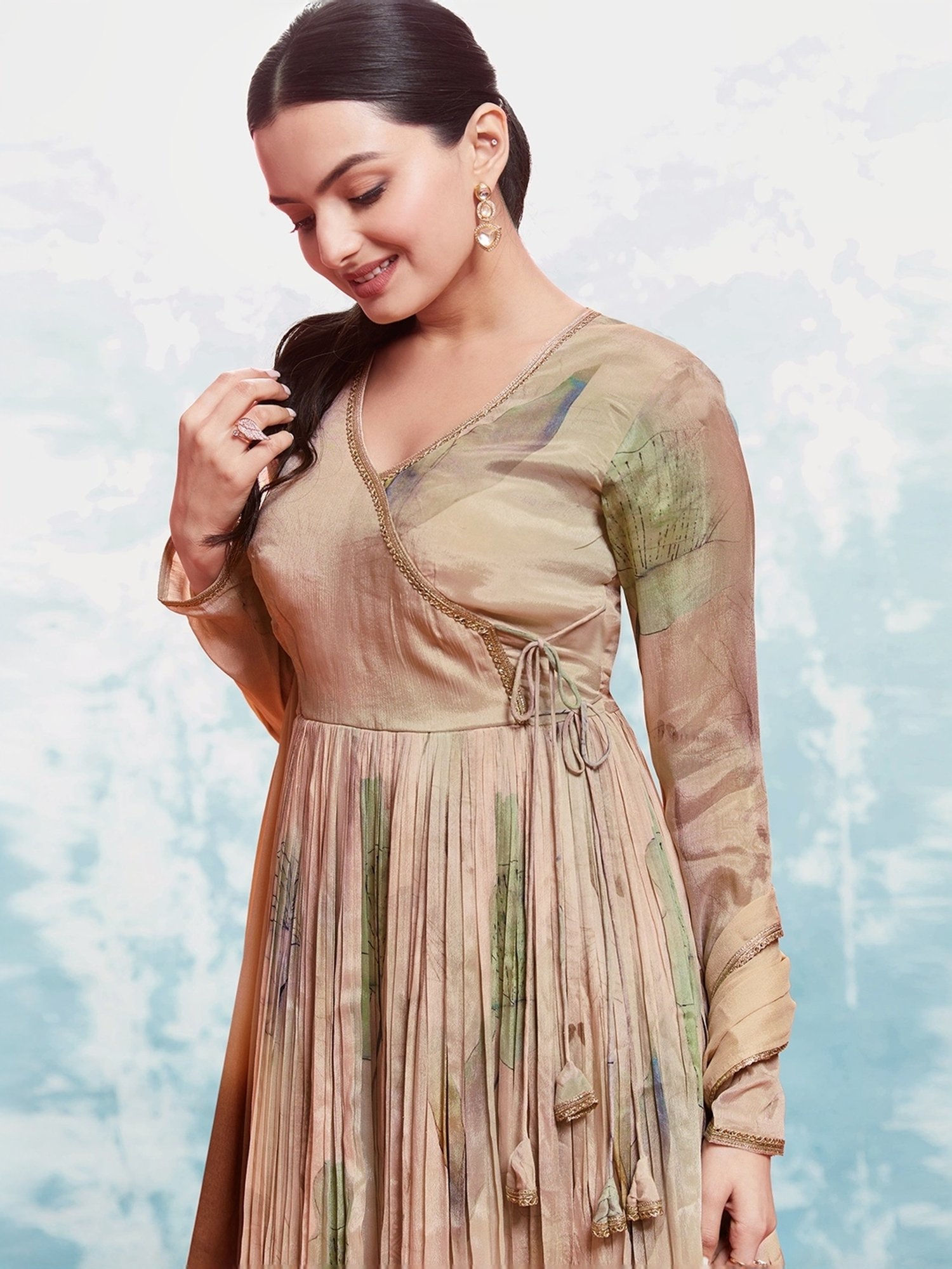 Odette Beige Printed Kurta Pant Set With Dupatta