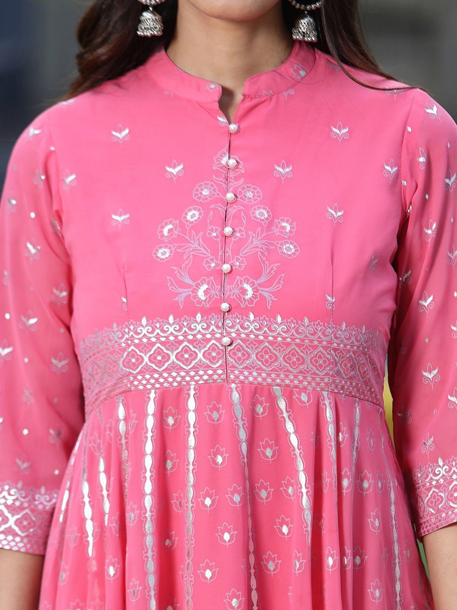 Juniper Coral Ethnic Motif Printed Georgette Anarkali Kurta & Palazzo Set With Buttons