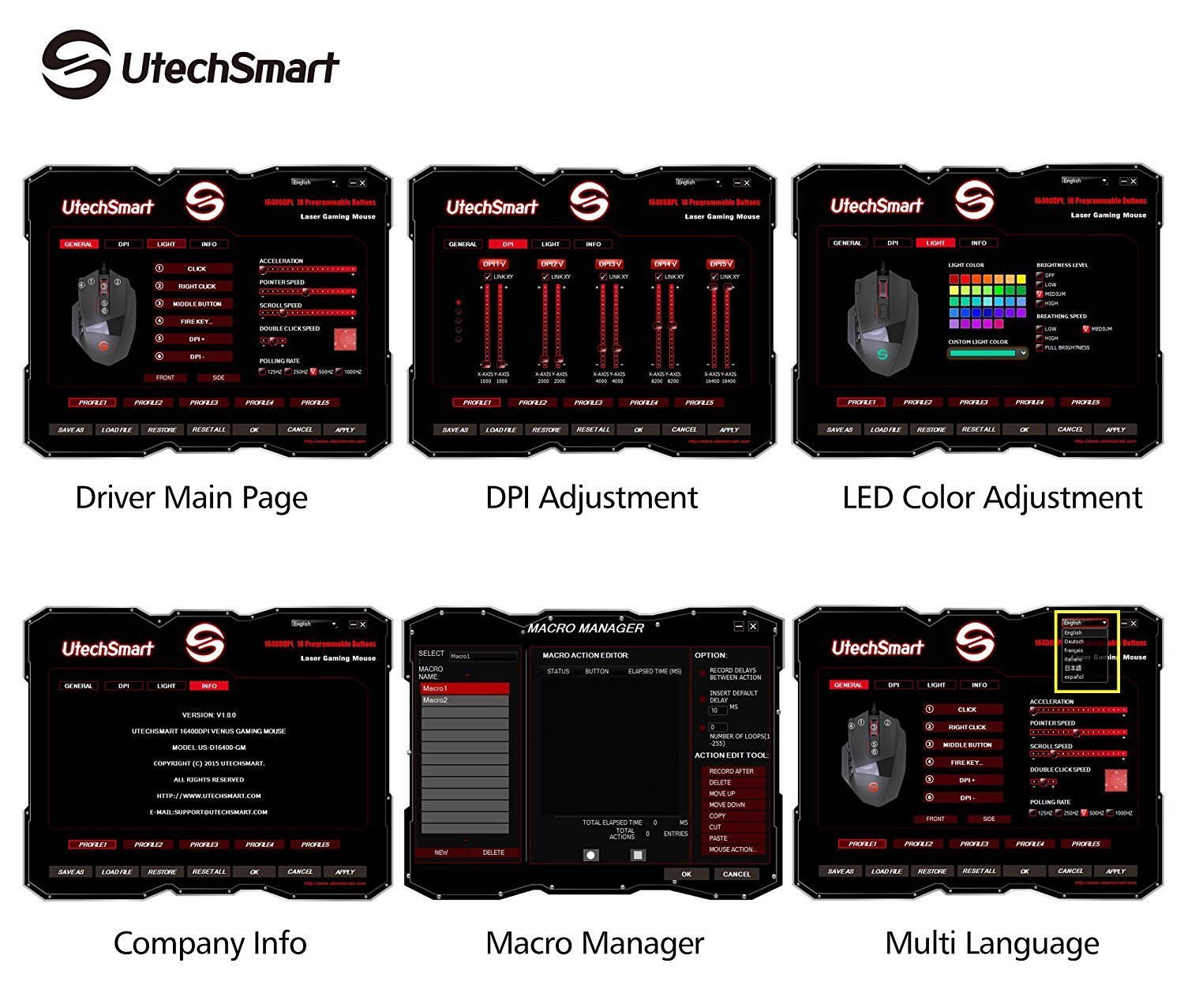 Gaming Mouse, UtechSmart Venus 16400 DPI High Precision Laser MMO Gaming Mouse, 12000 FPS, 1000 Hz polling rate , 18 programmable buttons ,16 million LED color option,Ergonomic Right Handed Design